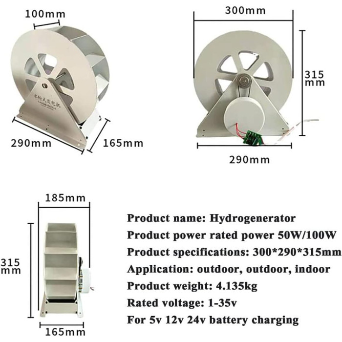 Гідрогенератор BaiLiWang 50 Вт 100 Вт Водяне колесо Гідроенергетичний генератор Низькошвидкісне дискове виробництво електроенергії Ландшафтне прикраса Зовнішній генератор водяного колеса, 100 Вт