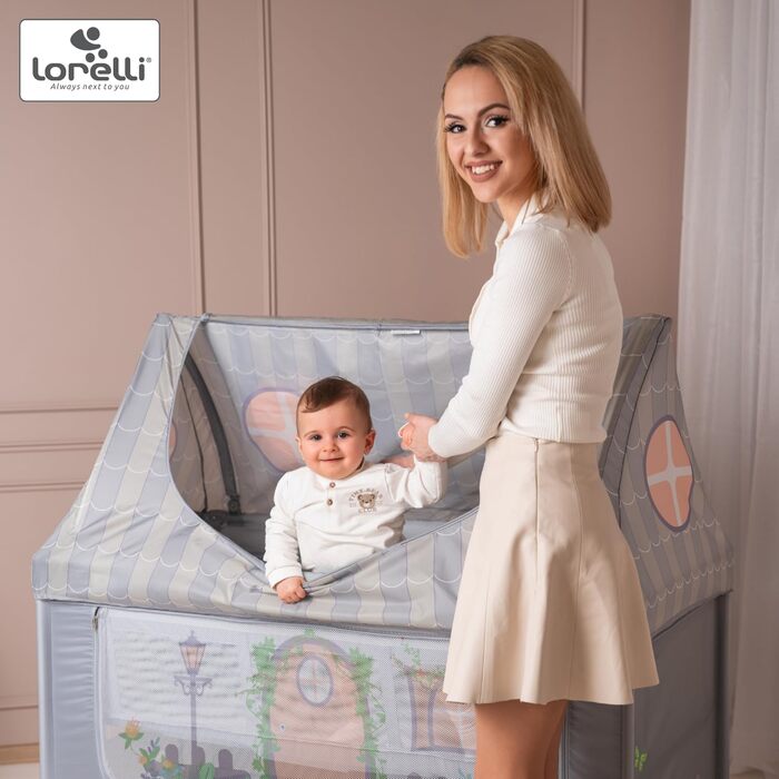 Дитяче ліжечко Lorelli з балдахіном та колесами, 2 в 1 дитяче ліжечко та манеж Sweet Home, ліжечко від народження до 15 кг, бічний вхід, складне, включаючи сумку для перенесення, бежевий