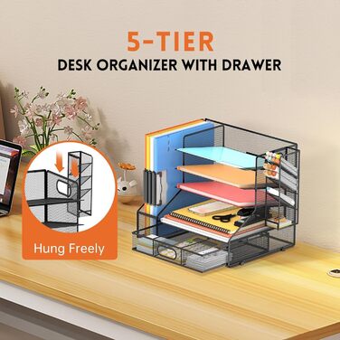 Органайзер для лотка для паперу з сітчастим тримачем для файлів, 5-ярусний настільний аксесуар та органайзер для офісного приладдя, чорний з тримачем для ручок