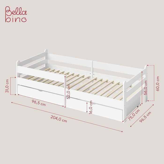 Дитяче ліжко Bellabino Kuru 90x200 з 2 висувними шухлядами, односпальне дитяче ліжко з захистом від випадіння та рейковою рамою, д