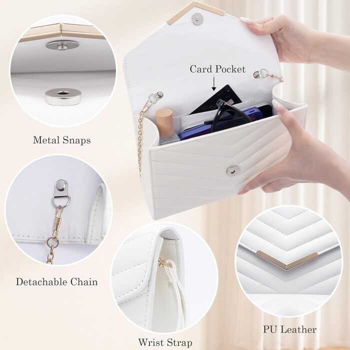 Веганська шкіряна сумочка-клатч з ручкою на зап'ястя та ланцюжком, елегантна стьобана сумочка-конверт для вечірок, модна сумка через плече для весілля, святкування, побачень, банкетів, 23x16x6 см