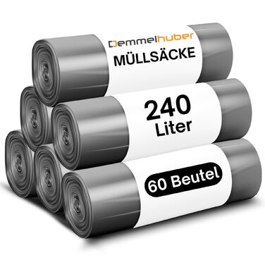 Літрові надзвичайно міцні та стійкі до розривів сміттєві мішки, товщиною 60 мкм. Міцні сміттєві мішки об&39ємом 240 літрів для дому, саду, промисловості та громадського харчування (6 рулонів)., 240-