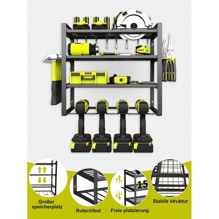 Рівнева підставка для інструментів, настінне кріплення для зберігання інструментів, стійка для інструментів з ударним дрилем на 5 електроінструментів для гаража, майстерня 4P Black, 4-