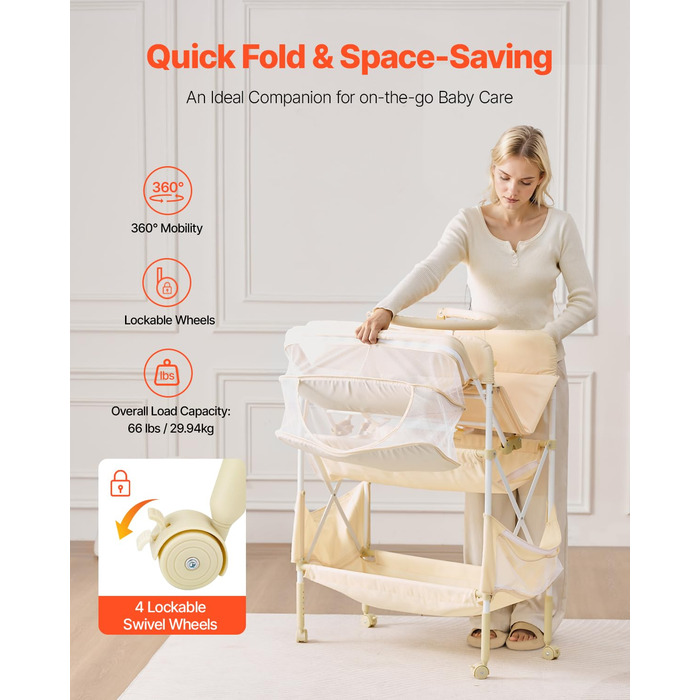 Пеленальний столик VEVOR, складна пеленальна станція з 2 висувними ящиками для тканини, бічним кошиком та вішалкою для одягу, портативний пеленальний столик з регульованою висотою, колесами, що блокуються, та 2 іграшками-зірками, світло-бежевий