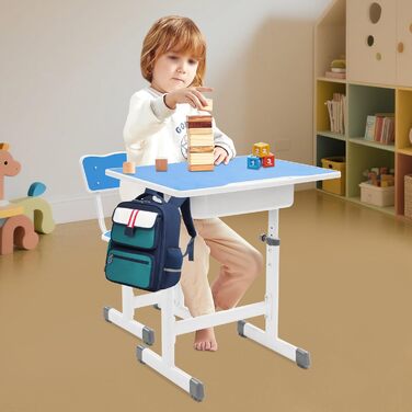 Дитячий комплект письмового столу зі стільцем, дитячий стіл та стілець з регульованою висотою, дитячий стіл для хлопчиків та дівчаток, молодіжний стіл (синій, білий)