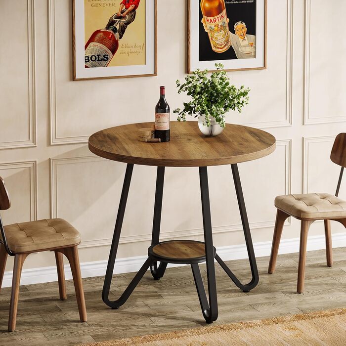 Круглий обідній стіл Tribesigns з полицями, кухонний стіл промислового типу 80 см для 2-4 осіб, маленький журнальний столик для кухні, офісу, квартири, коричневий (лише стіл)