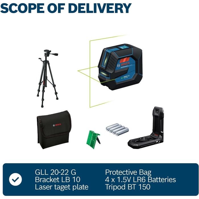 Лінійний лазерний рівень Bosch Professional GLL 20-22 G з триподом BT 150
