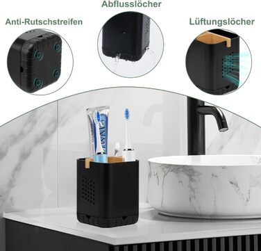 Тримач для зубної щітки BYUNER Тримач для електричної зубної щітки Насадки для щіток Органайзер для ванної кімнати Чашка для зубної щітки Знімний тримач для зубної щітки зі зливним отвором (чорний)