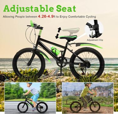 Дюймовий дитячий гірський велосипед, 7 швидкостей, для хлопчиків та дівчаток, подвійні дискові гальма, міський велосипед з вуглецевої сталі, підходить для дітей зростом 130-150 см, зелений, 20-