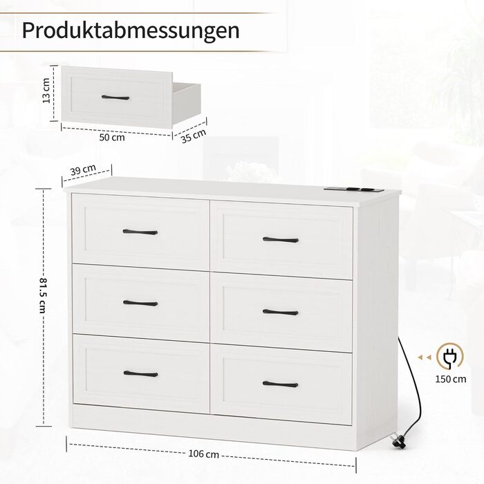 Комод з розетками, комод з 6 шухлядами, 2 USB та 2 розетки змінного струму, дерев&39яний комод, для спальні, вітальні, коридору, 106 x 81,5 x 39 см, білий