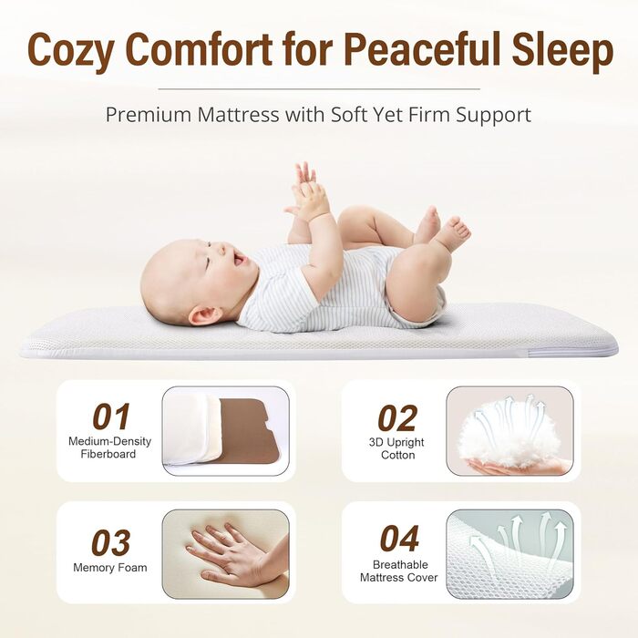 Дитяче ліжечко-колиска - Дитяче ліжко-колиска з колесами, пружинна колиска для немовлят - Комплект ліжечка для подорожей - Розсувне дитяче ліжко - Безпечне спальне місце для малюків, бежевий