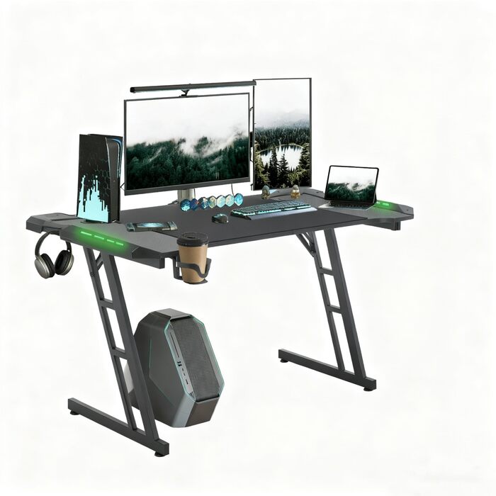 Ігровий стіл 140 x 60 см зі світлодіодним підсвічуванням Міцний ігровий стіл з підсклянником, організатором кабелів та карбоновою поверхнею, великий комп&39ютерний стіл для ПК та офісу, чорний 140 x 60 см зі світлодіодним підсвічуванням