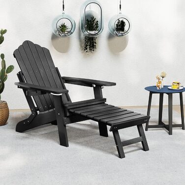 Складане крісло GIANTEX Adirondack з підставкою для ніг, всепогодне крісло для вогнища з регульованою спинкою та тримачем для напоїв, шезлонг на вулиці, вантажопідйомність до 180 кг