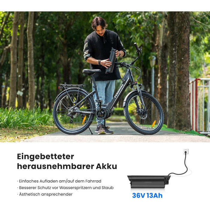 Електровелосипед Touroll MA1 26 дюймів для дорослих, міський електричний велосипед з двигуном 250 Вт 75 Нм із середнім приводом та акумулятором 36 В 468 Втгод, запас ходу 110 км, гідравлічні дискові гальма, електровелосипеди для чоловіків та жінок