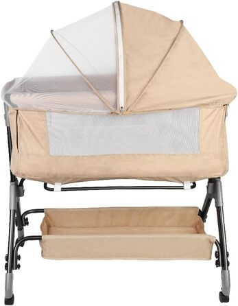 Дитяче ліжечко Kedia з москітною сіткою, дитяче ліжечко та дорожнє ліжечко з колесами, дитяче ліжечко для новонароджених, регульована висота, ліжечко в режимі сну на боці (104 x 52 x 103-115 см, бежево-білий)