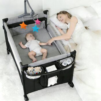 Дитяче ліжечко Pack and Play, складне та портативне приліжкове ліжечко, великий ігровий майданчик з матрацом та пеленальний столик (6602 сірого кольору без сітки) 6602 сірого кольору без розкішної москітної сітки