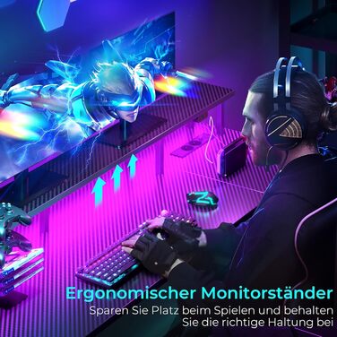 Ігровий стіл SEVEN WARRIOR зі світлодіодним освітленням та розетками, комп&39ютерний стіл 140 см з підставкою для монітора та підставкою для процесора, стіл з 2 гачками та підставкою для ніг, ідеально підходить для спальні або офісу, 140 x 47 x 87 см