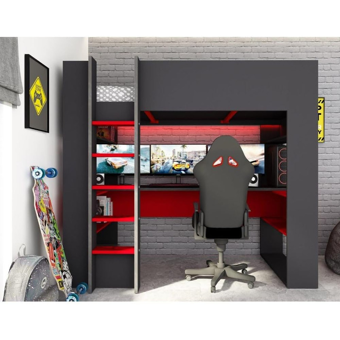 Дитяче двоярусне ліжко Gamex з ігровим столом в антрацитовому та червоному кольорах