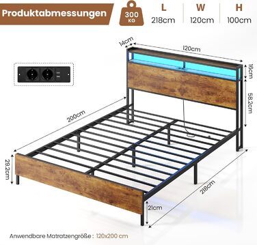 Ліжко 120x200 см зі світлодіодним освітленням та 2 USB 2 розетками змінного струму. Металевий каркас ліжка 120x200 з металевим каркасом та дерев&39яним узголів&39ям з місцем для зберігання речей, каркас двоспального ліжка. Міцне та стійке. Легке складання