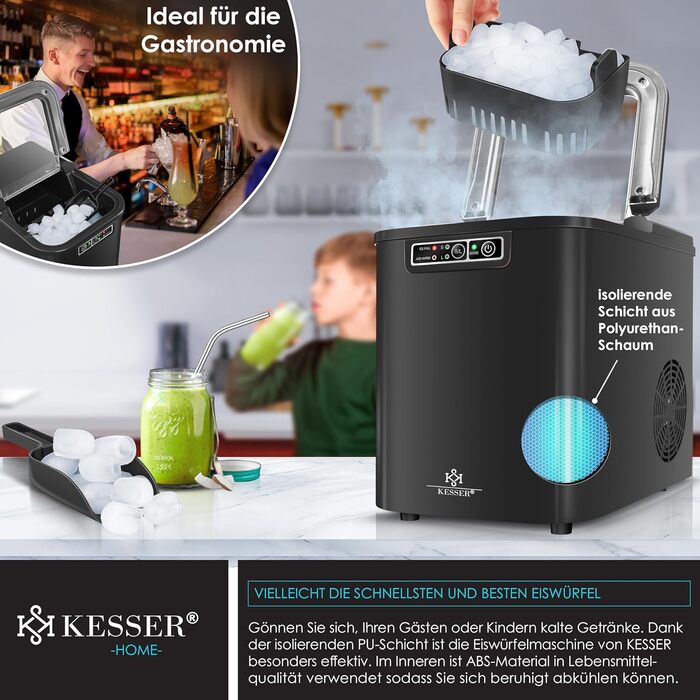 Льодогенератор KESSER Машина для виробництва кубиків льоду з нержавіючої сталі Льодогенератор 12 кг 24 год Приготування за 7 хв Резервуар для води об'ємом 2,2 літра 2 розміри кубиків льоду Світлодіодний дисплей Функція самоочищення Чорний
