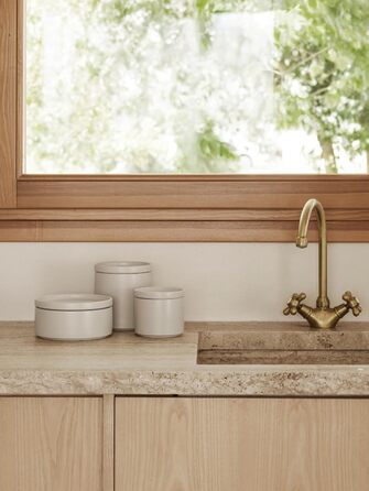 Керамічна банка для зберігання Blomus -PILAR- Розмір M Ø12 см Колір Місячний промінь Контейнер для зберігання з кришкою Можна мити в посудомийній машині Moonbeam M