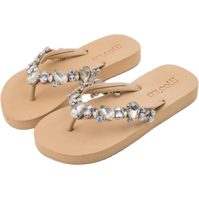Бежевий - Жіночі літні шльопанці-шльопанці mooilo з бежевими стразами (вишиті вручну) - Ультрам&39яка підошва - Дизайн, зроблено в Німеччині, розмір 40 EU, Бежевий