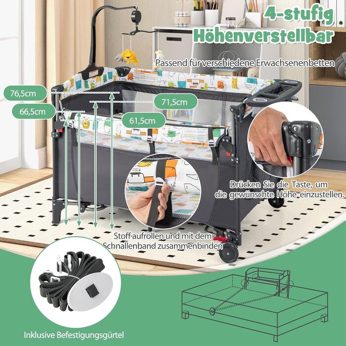 Дорожнє ліжечко DREAMADE 5-в-1 з матрацом 120 x 60 см, регульована по висоті тумбочка з пеленальний столик, музичний мобіль та іграшки, дитяче ліжечко та гойдалка для малюків від народження (сірий)