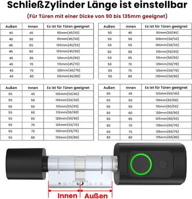 Розумний дверний замок AVATTO з відбитком пальця та паролем для дверей 90-120 мм, довжина циліндра замка регулюється, з ключем, картою IC, підтримка Smart Life App Remote Control