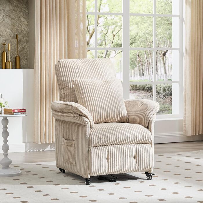 Моторне електричне крісло-реклайнер, крісло для телевізора з функцією відкидання, крісло для телевізора у вітальні з колесами, регульована спинка та підставка для ніг, 2 бічні кишені, вельветовий диван, бежевий, 2-