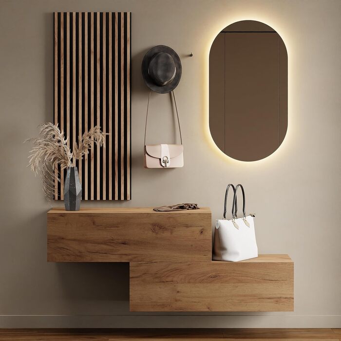 Вішалка для передпокою Planetmbel 2 шт. 100 см золотий дуб, настінна панель 50 см золотий дуб/антрацит з дзеркалом 50 см (без світ