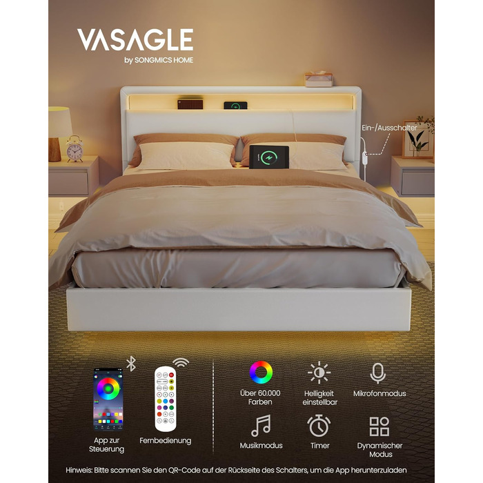 Каркас ліжка VASAGLE, каркас двоспального ліжка, 140 x 200 см, візуальний ефект плаваючого ліжка, ліжко зі світлодіодним освітленням, високе узголів&39я, зарядна станція, сучасний, хмарно-білий RMB864W01