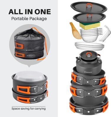 Набір посуду для кемпінгу Odoland з 15 предметів, набір посуду для кемпінгу з 2 каструлями, сковородою та чайником, набір посуду для кемпінгу, алюмінієвий посуд для 4-5 осіб, набір посуду для кемпінгу 1