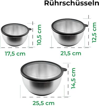 Набір мисок з нержавіючої сталі з 3 шт. з кришкою (1,5 л, 3 л, 5 л) Штабельовані та нековзні Набір мисок з кришкою Миски з нержавіючої сталі Миска для змішування, салатниця, миска для випічки