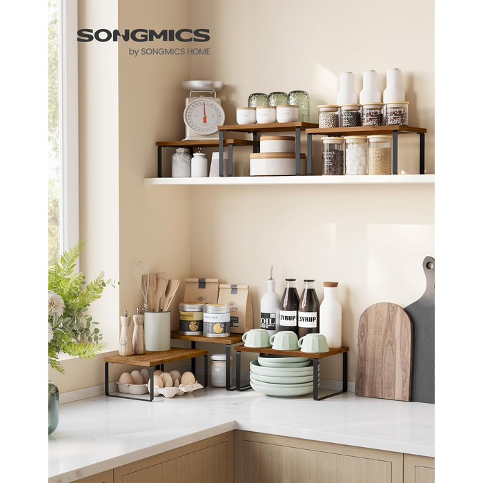 Стійка для спецій, набір із 3 кухонних органайзерів, штабелюється, розширюється, композитний метал та дерево, вінтажний коричнево-матово-чорний KCS220K02 19,5 Г x 29,7 Ш x 15,8 В см, білосніжно-білий матово-білий