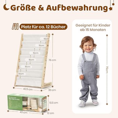 Дитяча книжкова полиця COSYLAND з 6 полицями з тканини Оксфорд - Дитяча книжкова полиця з натурального дерева - Дитяча книжкова полиця з закругленими кутами та компактна, 42Д x 30Ш x 76В см (колір натурального дерева, середній)