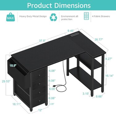 Г-подібний ігровий стіл Lufeiya з шухлядами та полицями для зберігання, кутовий комп&39ютерний стіл 49,5 дюймів з розеткою для дому, офісу, спальні, Г-подібні підліткові ПК-стіли чорного кольору, 40,5 дюймів