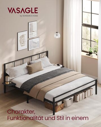 Каркас двоспального ліжка, Ліжко, 160 x 200 см, Металеве ліжко, Каркас ліжка, з узголів&39ям, Сучасне, з полицями для зберігання, Гостьове ліжко, для підлітків, Матовий чорний RMB195B01 160 x 200 см з узголів&39ям