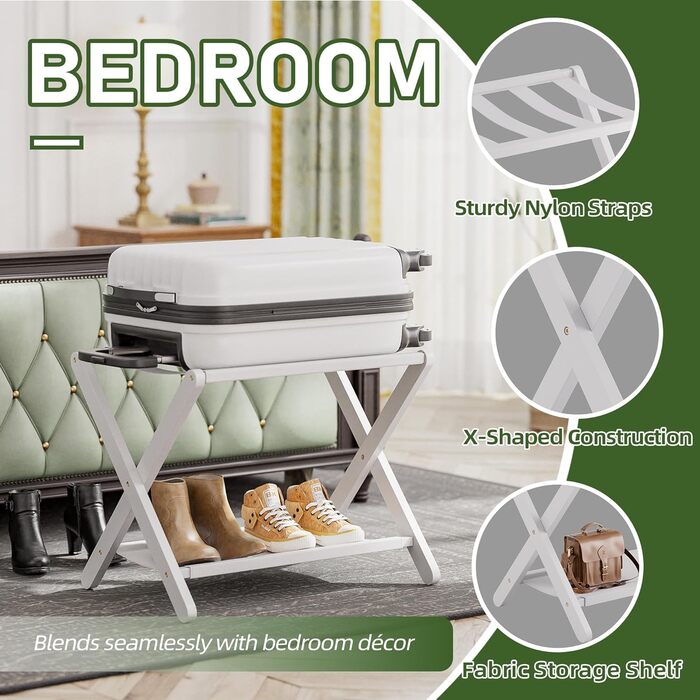 Багажник, складний бамбуковий багажник з полицею для гостьових кімнат, спалень, готелів, шаф (білий)