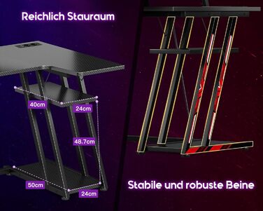 Ігровий стіл ODK зі світлодіодним освітленням та розетками, L-подібний ігровий стіл 100 см з місцем для зберігання, кутовий стіл з підставкою для монітора, комп&39ютерний стіл з вуглецевого волокна, чорний