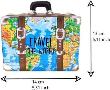 Валіза скарбничка Travel The World 14x13x6cm керамічна для свят подорож навколо світу мрія подорож короткий відпустку побажання скарбничка гроші подарунок ідея карта світу (карта валізи синій/коричневий)