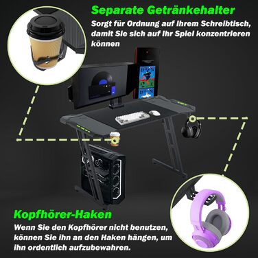 Ігровий стіл Froadp зі світлодіодним підсвічуванням, 120x60 см, Z-подібний ігровий стіл для ПК, чорна вуглецева поверхня, ергономічний комп&39ютерний стіл з підставкою для чашок та гачками для навушників, вантажопідйомність 150 кг, 120 см, з RGB-світлодіо