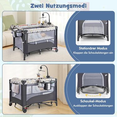 Дитяче ліжечко COSTWAY 5-в-1, дорожнє ліжечко з матрацом, регульована по висоті тумбочка з пеленальний столик, ремені безпеки, музичний мобіль та підвісні іграшки, колиска/колиска з колесами для малюків, сірий колір