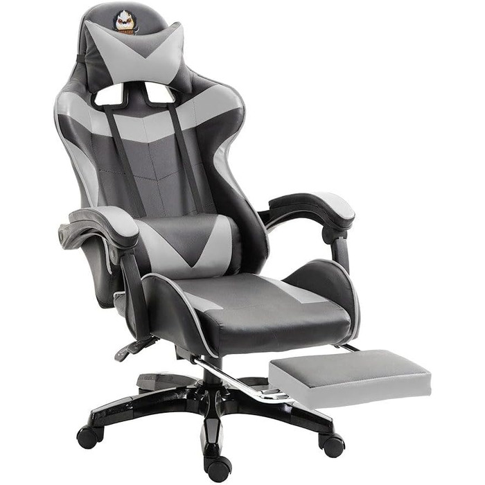 Ергономічне ігрове крісло, офісне крісло, регульоване по висоті, комп&39ютерне крісло зі штучної шкіри, з підголівником та поперековою опорою, поворот на 360 (сіре)