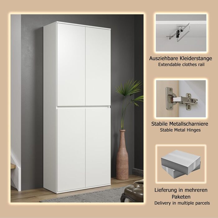 Багатофункціональна шафа - Біла - Шафа з 4 дверцятами, 6 полицями та 1 вішалкою для одягу - (Ш x В x Г) 74 x 191 x 34 см - дверцята без ручок