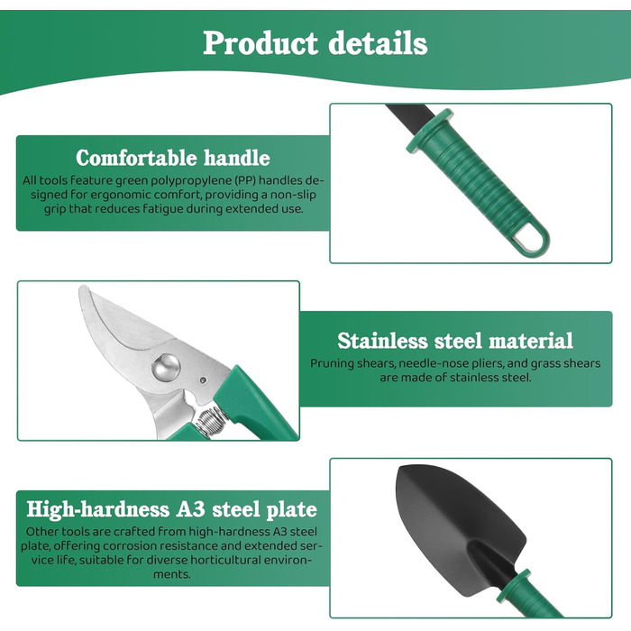 Набір садових інструментів Coolty, 13 предметів, з кейсом для зберігання ідеальний вибір для садівників (Зелений)