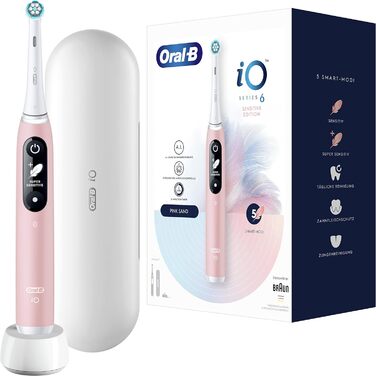 Електрична зубна щітка Oral-B iO Series 6, 5 режимів чищення для догляду за зубами, магнітна технологія, дисплей і дорожній кейс, Sensitive Edition, подарунок чоловікові/жінці, дизайн Braun, рожевий пісок, старий сингл