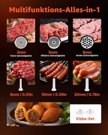 Електрична м'ясорубка VEVOR, потужність 700 Вт, продуктивність 2,3 кг/хв, комплект 8 з 3 дисками, 3 насадками для ковбас та набором для куббе, 2-в-1 кухонна машина для дому