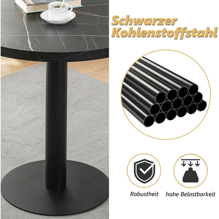 Круглий обідній стіл Mingone, маленький кухонний стіл з мармуровою стільницею та металевими ніжками, 80x80 см, чорний