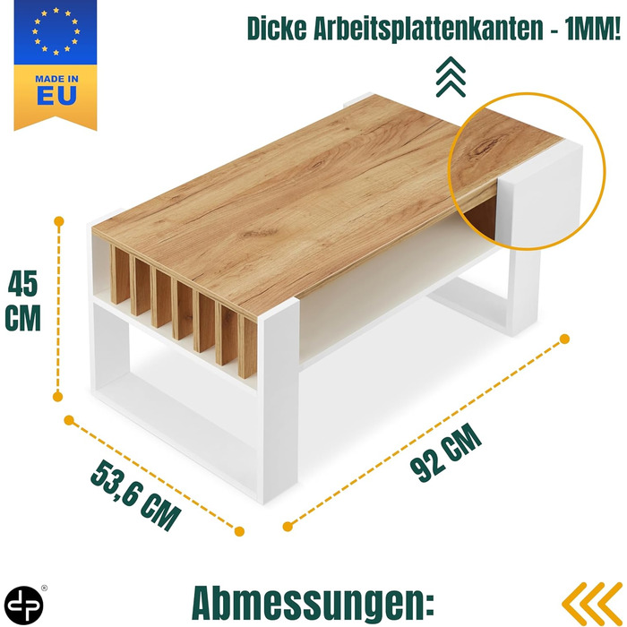 Журнальний столик для дивана Невеликий журнальний столик з білого дуба з місцем для зберігання Сучасний журнальний столик з рейками Журнальний столик Невеликий столик Журнальний столик 92 см Міцний журнальний столик, білий дуб