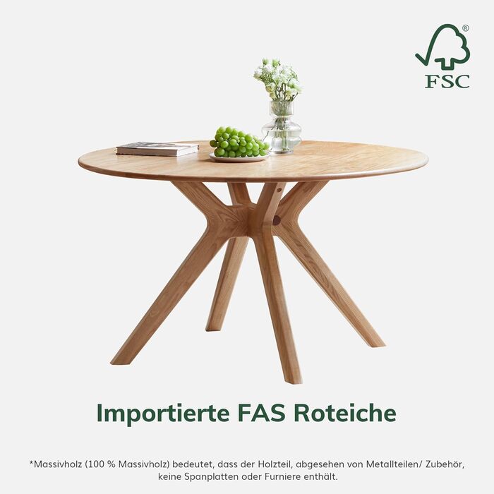 Обідній стіл з масиву дуба, круглий стіл 120 см, без шпону, сучасний кухонний стіл, круглий обідній стіл, міцний, обідні столи для 4-6 осіб, 120x120x74,8 см, натуральний колір